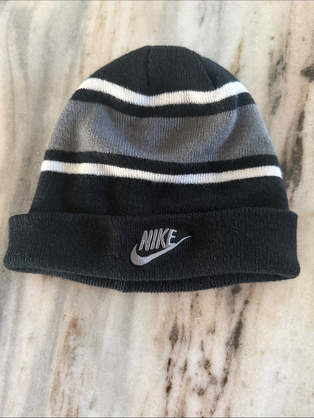 Nike Black, Gray & White Striped Cuffed Beanie
